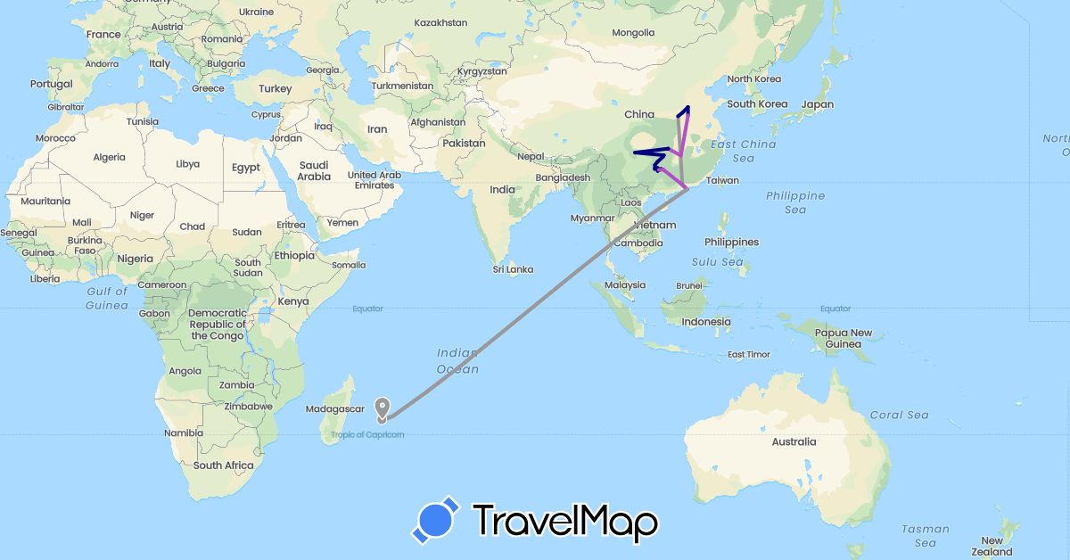 TravelMap itinerary: driving, plane, train in China, France, Mauritius (Africa, Asia, Europe)